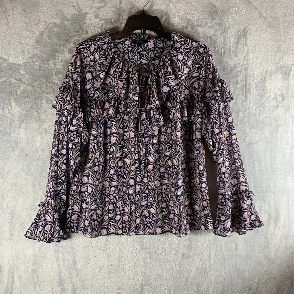 J Crew Womens Blouse Top M Floral Ruffles‎ Bell Sleeve Tie Boho Preppy Keyhole
